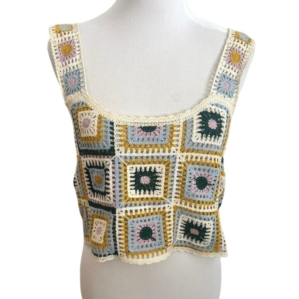 Boho Crochet Crop Top Square Patchwork Sleeveless Tank Festival